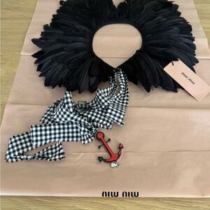 Miu Miu Black Feather Collar with Checkered Ribbon